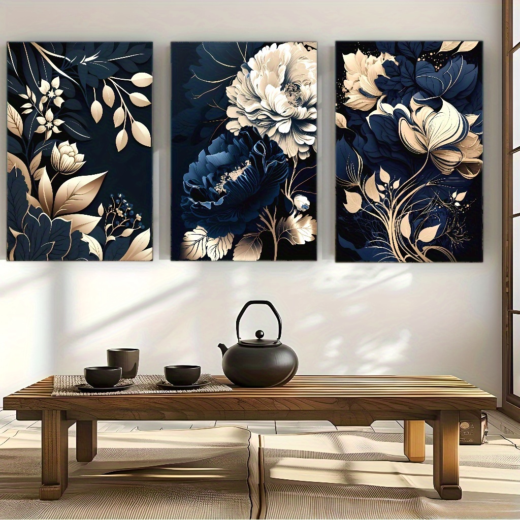 Canvas Wrap Ready - 3pcs Set Lukisan Kanvas Bunga Biru